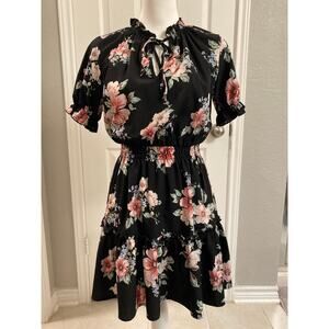 Romantic Black Floral Printed Notch Neck Tie Mini Dress Size Small